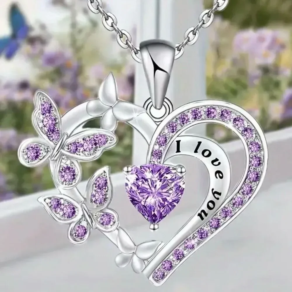 NWT Silver Purple”I Love You“ Heart Butterflies Bling Bling Rhinestones Necklace